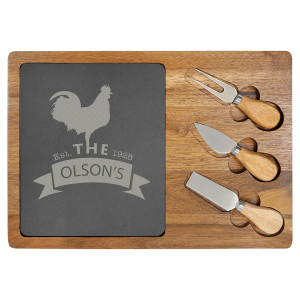 Personalized Slate and Acacia Wood Cheese Board Set With Utensils